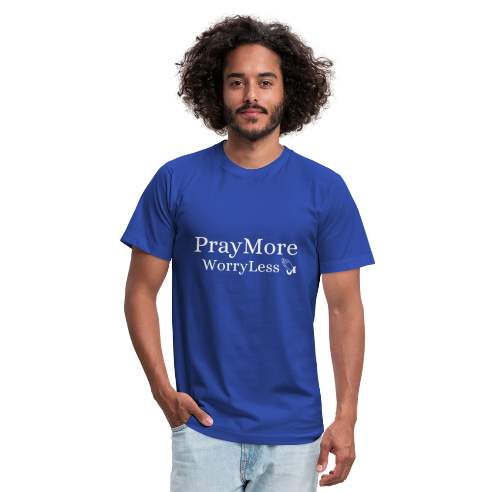 PrayMore WorryLess Unisex Jersey T-Shirt by Bella + Canvas - royal blue