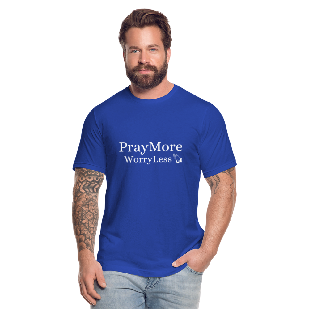 PrayMore WorryLess Unisex Jersey T-Shirt by Bella + Canvas - royal blue