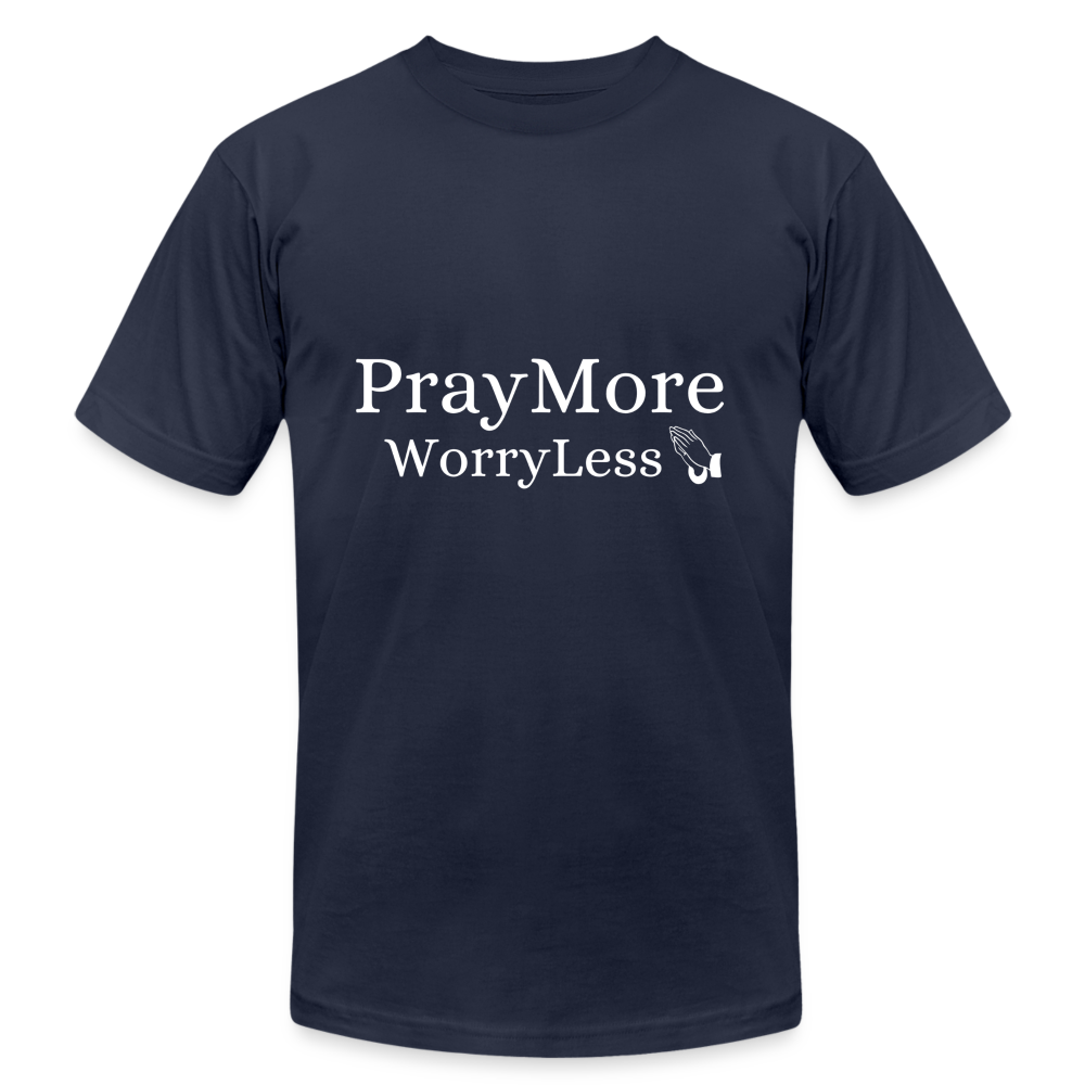 PrayMore WorryLess Unisex Jersey T-Shirt by Bella + Canvas - navy