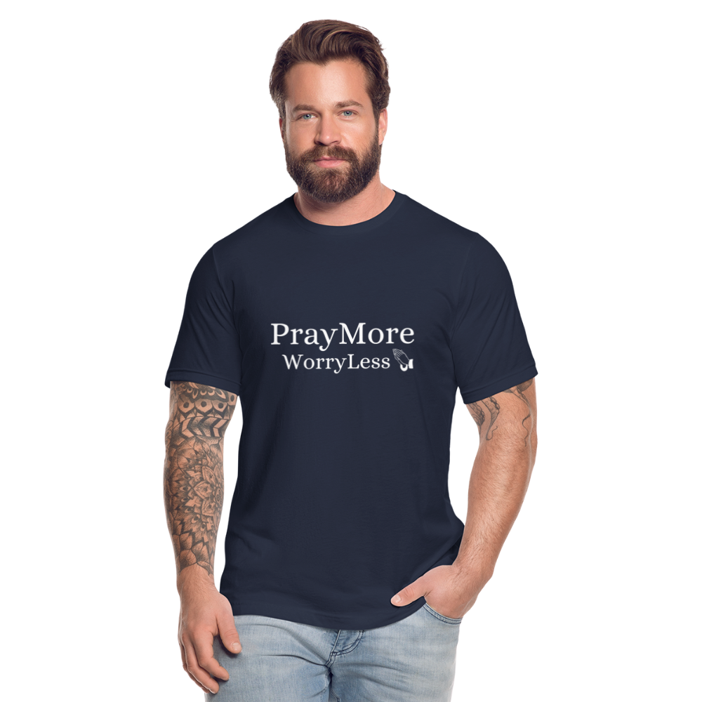 PrayMore WorryLess Unisex Jersey T-Shirt by Bella + Canvas - navy