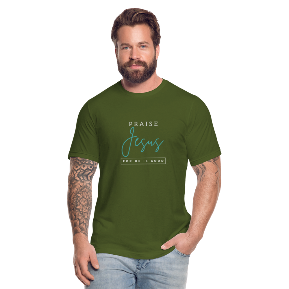 Praise Jesus (For He is Good) Unisex Jersey T-Shirt by Bella + Canvas - olive