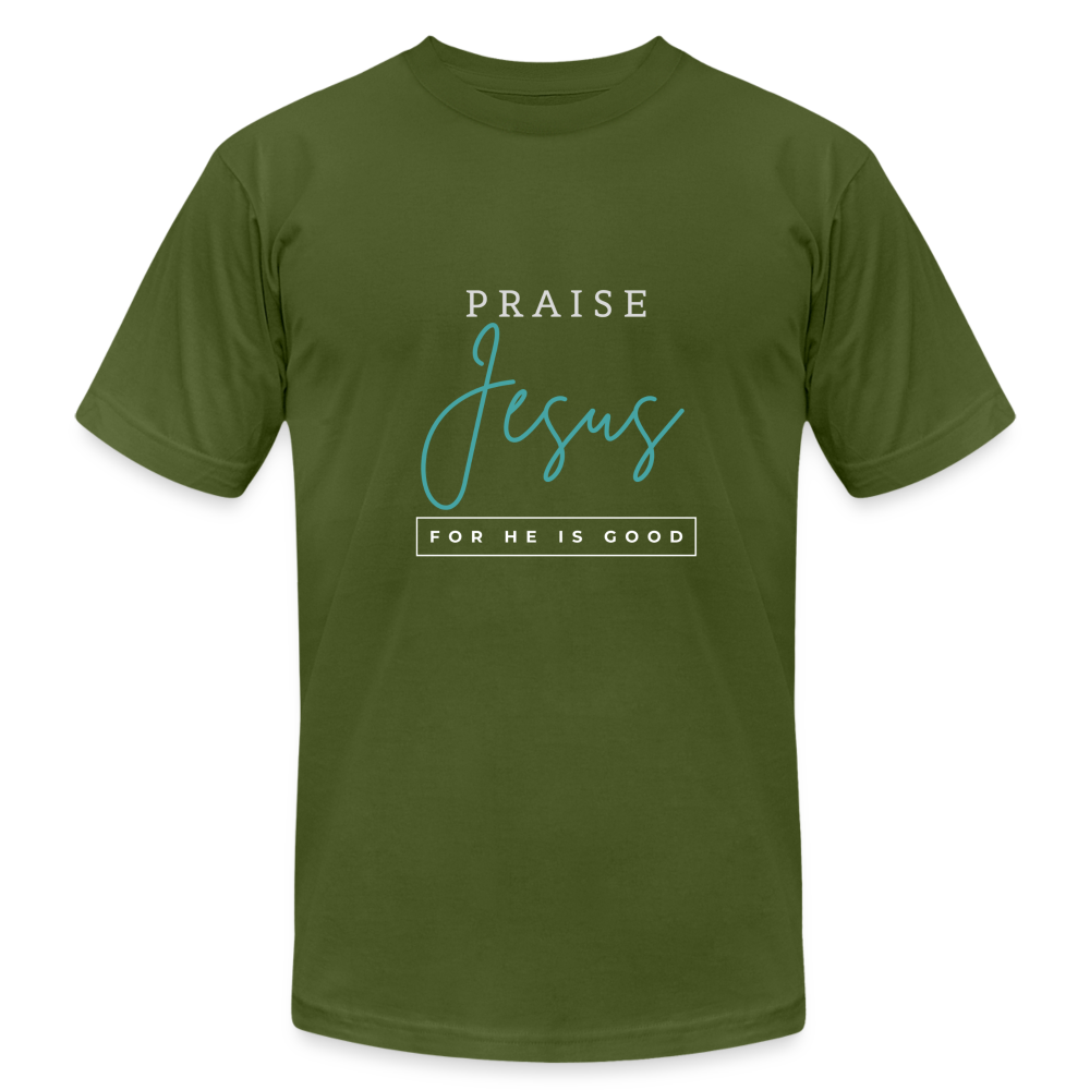 Praise Jesus (For He is Good) Unisex Jersey T-Shirt by Bella + Canvas - olive