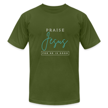 Load image into Gallery viewer, Praise Jesus (For He is Good) Unisex Jersey T-Shirt by Bella + Canvas - olive
