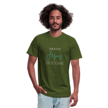 Load image into Gallery viewer, Praise Jesus (For He is Good) Unisex Jersey T-Shirt by Bella + Canvas - olive
