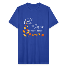 Load image into Gallery viewer, Fall For Jesus Unisex Jersey T-Shirt by Bella + Canvas - royal blue
