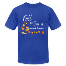 Load image into Gallery viewer, Fall For Jesus Unisex Jersey T-Shirt by Bella + Canvas - royal blue
