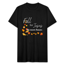 Load image into Gallery viewer, Fall For Jesus Unisex Jersey T-Shirt by Bella + Canvas - black
