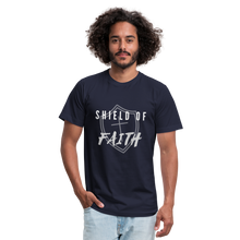 Load image into Gallery viewer, Shield of Faith Unisex Jersey T-Shirt by Bella + Canvas - navy
