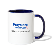 Load image into Gallery viewer, What&#39;s In Your Heart? Contrast Coffee Mug - white/cobalt blue
