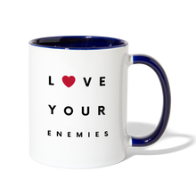 Load image into Gallery viewer, Love Your Enemies Contrast Coffee Mug - white/cobalt blue
