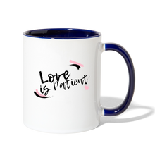 Load image into Gallery viewer, Love is Patient Contrast Coffee Mug - white/cobalt blue
