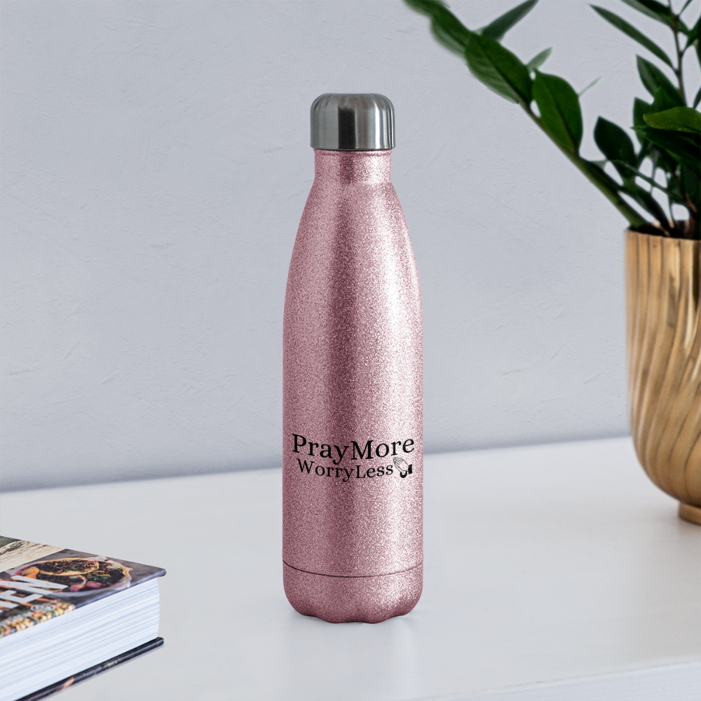 PrayMore WorryLess  Insulated Stainless Steel Water Bottle - pink glitter