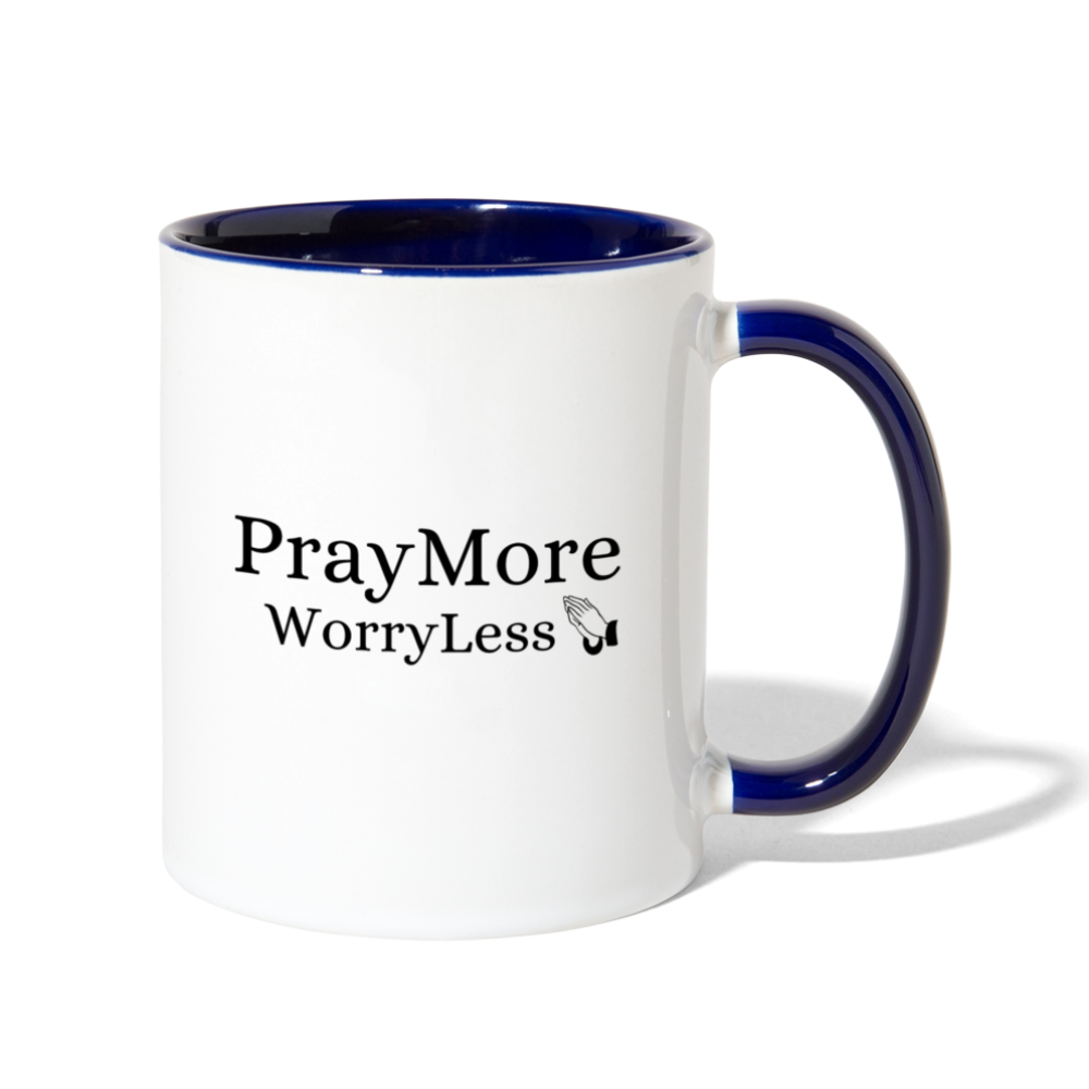 PrayMore WorryLess Contrast Coffee Mug - white/cobalt blue