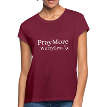 Load image into Gallery viewer, PrayMore WorryLess Women&#39;s Relaxed Fit T-Shirt - burgundy
